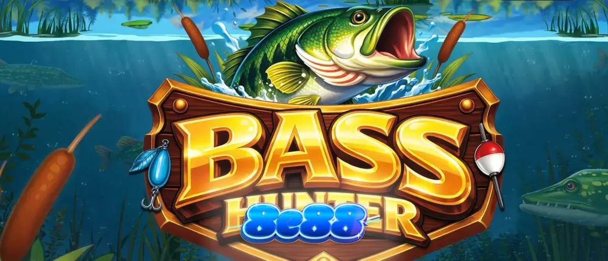 The serene Nordic lake backdrop of the Bass Hunter slot game featuring floating reels.